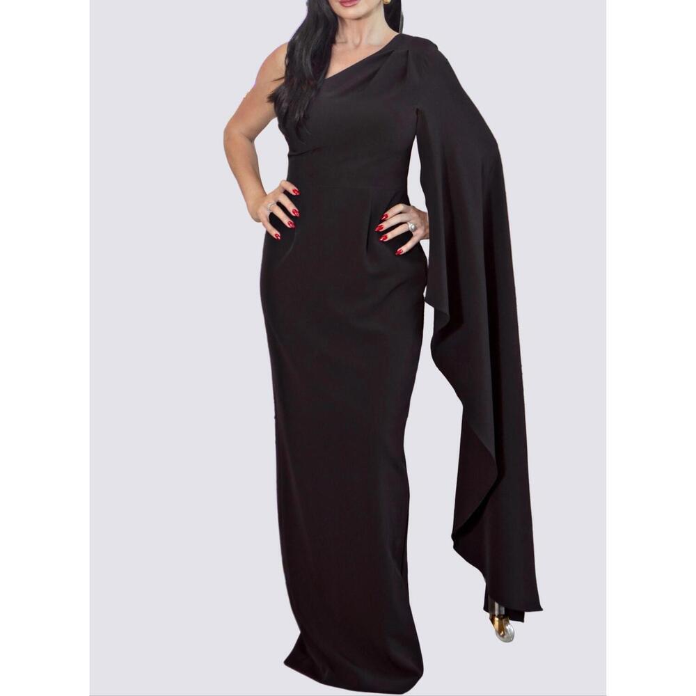 NEW POSH COUTURE one shoulder cape sleeve gown in black